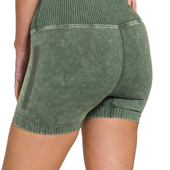 Zenana Women's Stone Wash Seamless High Waist Bike Shorts - Picture 2 of 3